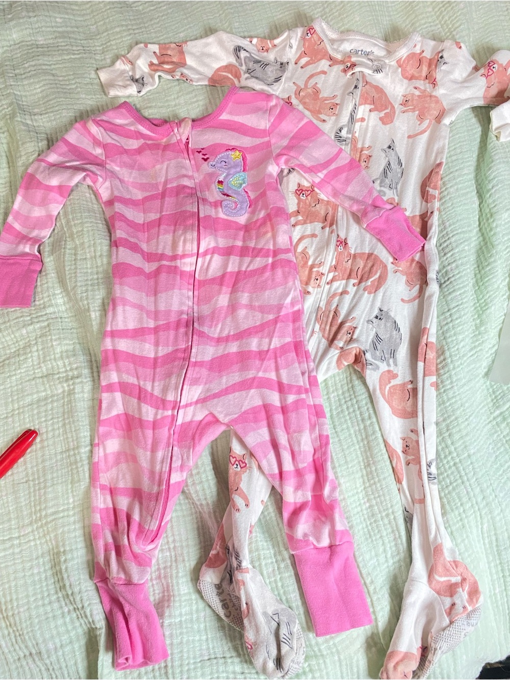 Carter's Pink Striped Footed One-Piece Pajama with Seahorse Patch 12 month